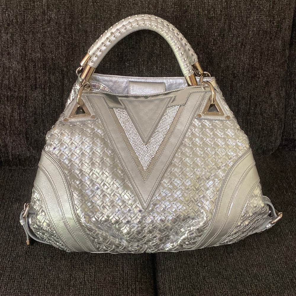 Versace metallic silver leather braided/woven oversized hobo shoulder lovely bag